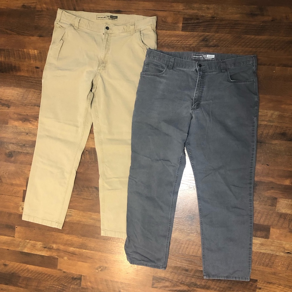 2 pair men’s Carhartt Workwear pants tan grey 40x32 EUC relaxed fit